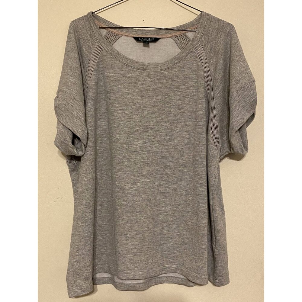 Women's LRL Lauren Ralph Lauren Gray Cut Out Stitched Sleeve T-Shirt Size XL